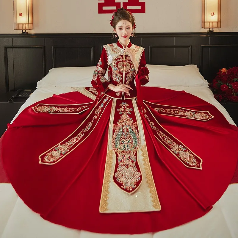 New velvet heavy-duty embroidery Chinese-style wedding toasting attire