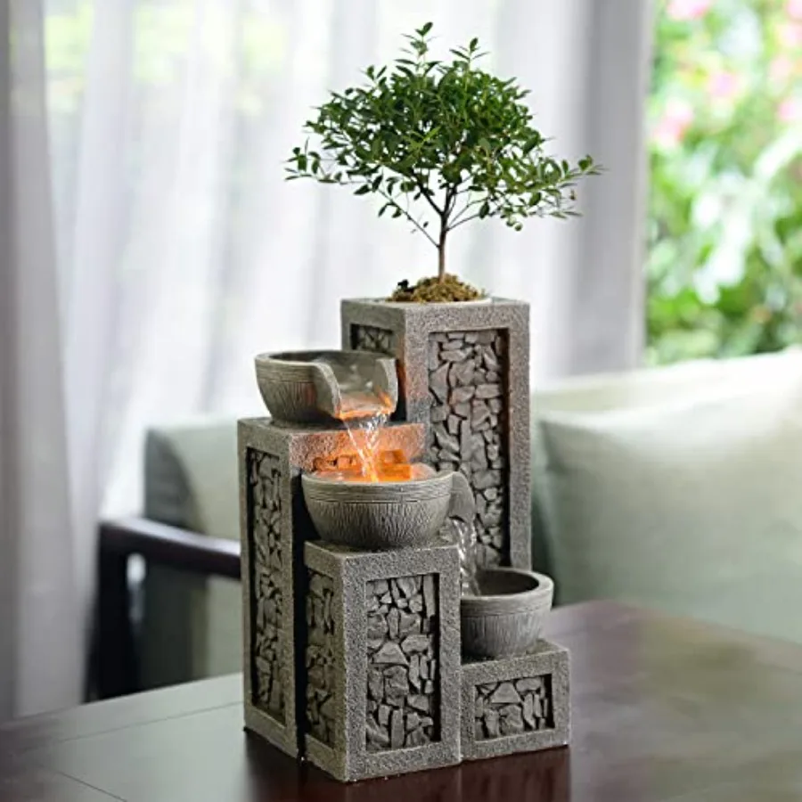 

Indoor Tabletop Water Fountain 3-Tier Resin Waterfall with LED Lights Mini Bonsai Planter and Cascading Water Flow Soothing Des