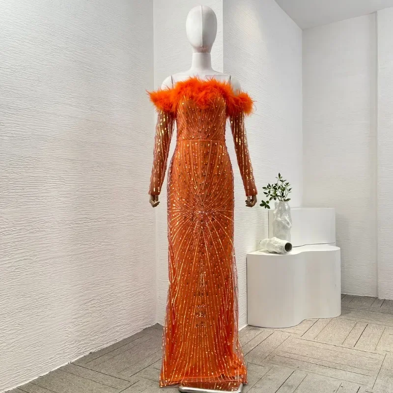 Ladies' 2024 Orange Sequins Beads Off The Shoulder Long Sleeve New Arrivals Beautiful Style Feather Maxi Dresses for Party