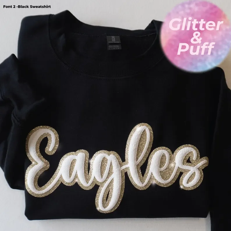 Custom Puff and Glitter Team Name Sweater, Glitter Team Name Sweater, Embossed School Mascot Sweatshirt, School Spirit Shirt,