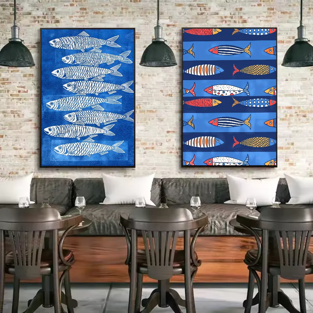 Colorful Sardines and Lobsters Canvas Print Cute Fish Ocean Wall Art Posters Modern Living Room Bedroom Bar Home Aesthetic Decor