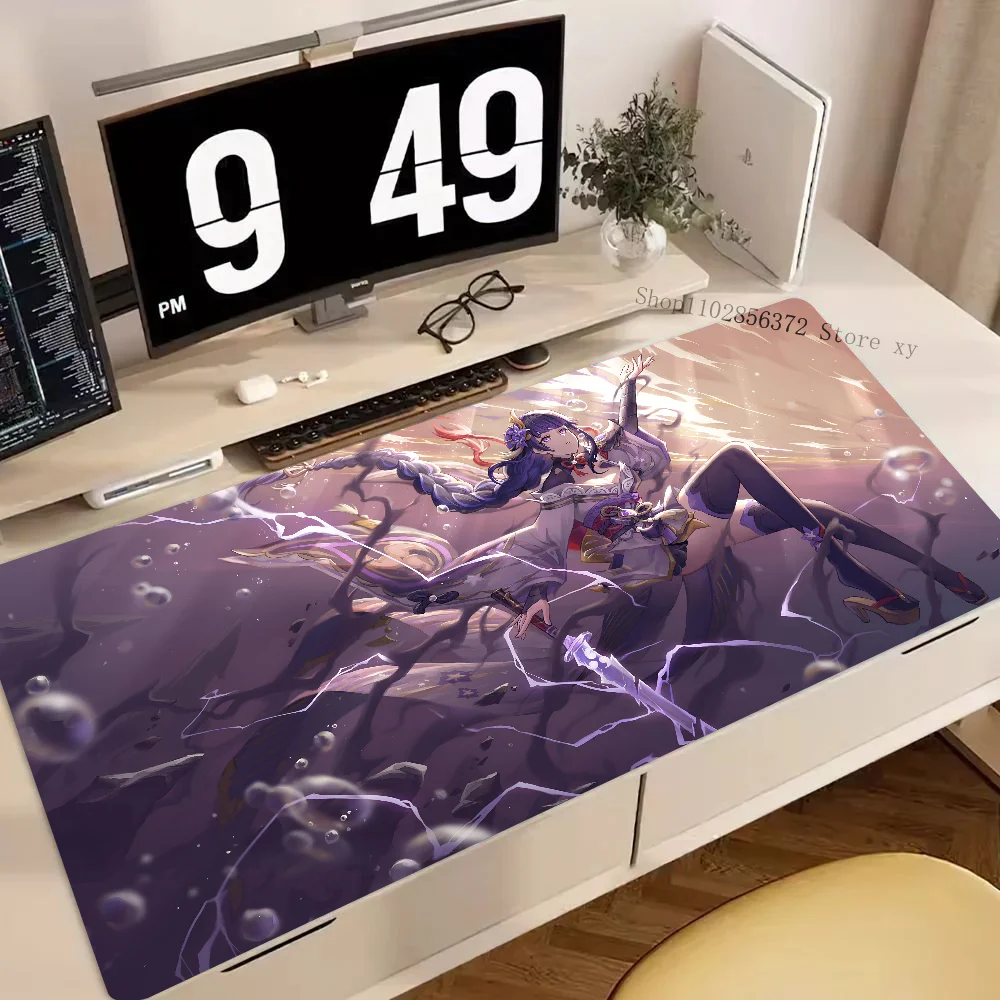 Genshin Mousepad tetikus dampak Raiden, alas Mouse Gaming besar, alas meja Keyboard komputer tebal