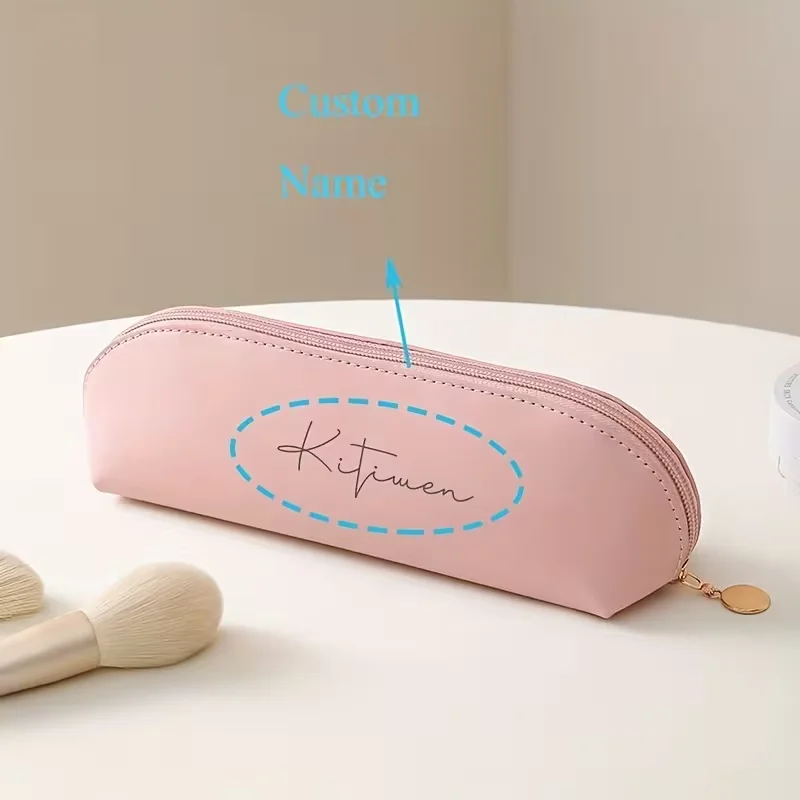 1Pcs Personalized Engraved 3D Name Faux Leather Pencil Case Makeup Brush Storage Bag, Durable Zipper Bag, Essential Accessory for Campus and Office Desktops, Ideal Gift for Students