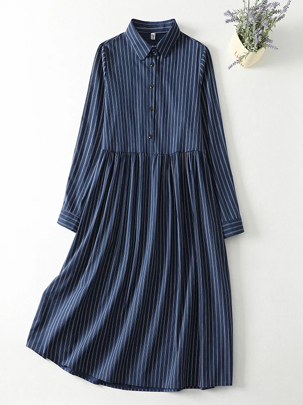 

Ретро-платье в полоску с длинным рукавом, больших размеров, стройнящее, миди, с отложным воротником, женское, модное, повседневное, А-силуэт