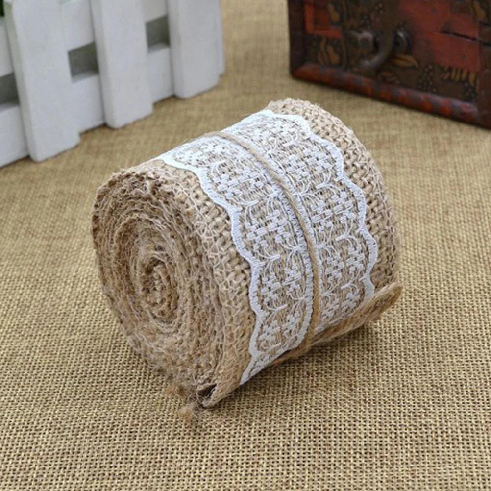 

2M Burlap Ribbon with White Lace Trim Natural Hessian DIY Craft Tape for Wedding Home Decoration and Room Office Decor