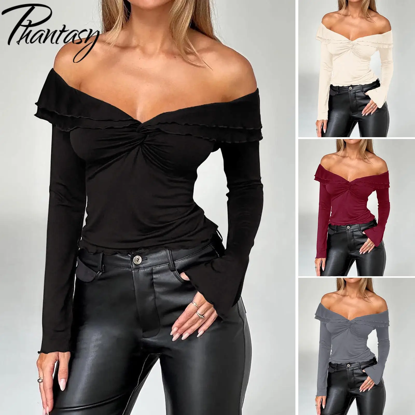 Phantasy Y2K Women Tops Long Sleeved Shoulder Baring Blouse Sexy V Neck Shirts Fashion Autumn Female Streetwear 2024 New