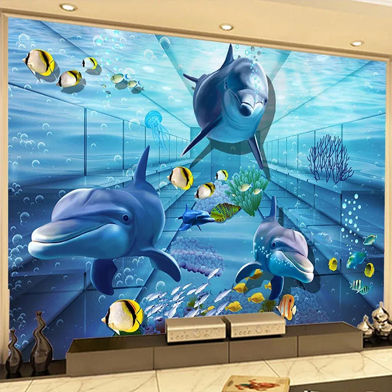 

Cartoon 3D Shark Dolphin TV Background Wall Mural Living Room Children Room Bedroom Custom Photo Wallpaper For Walls