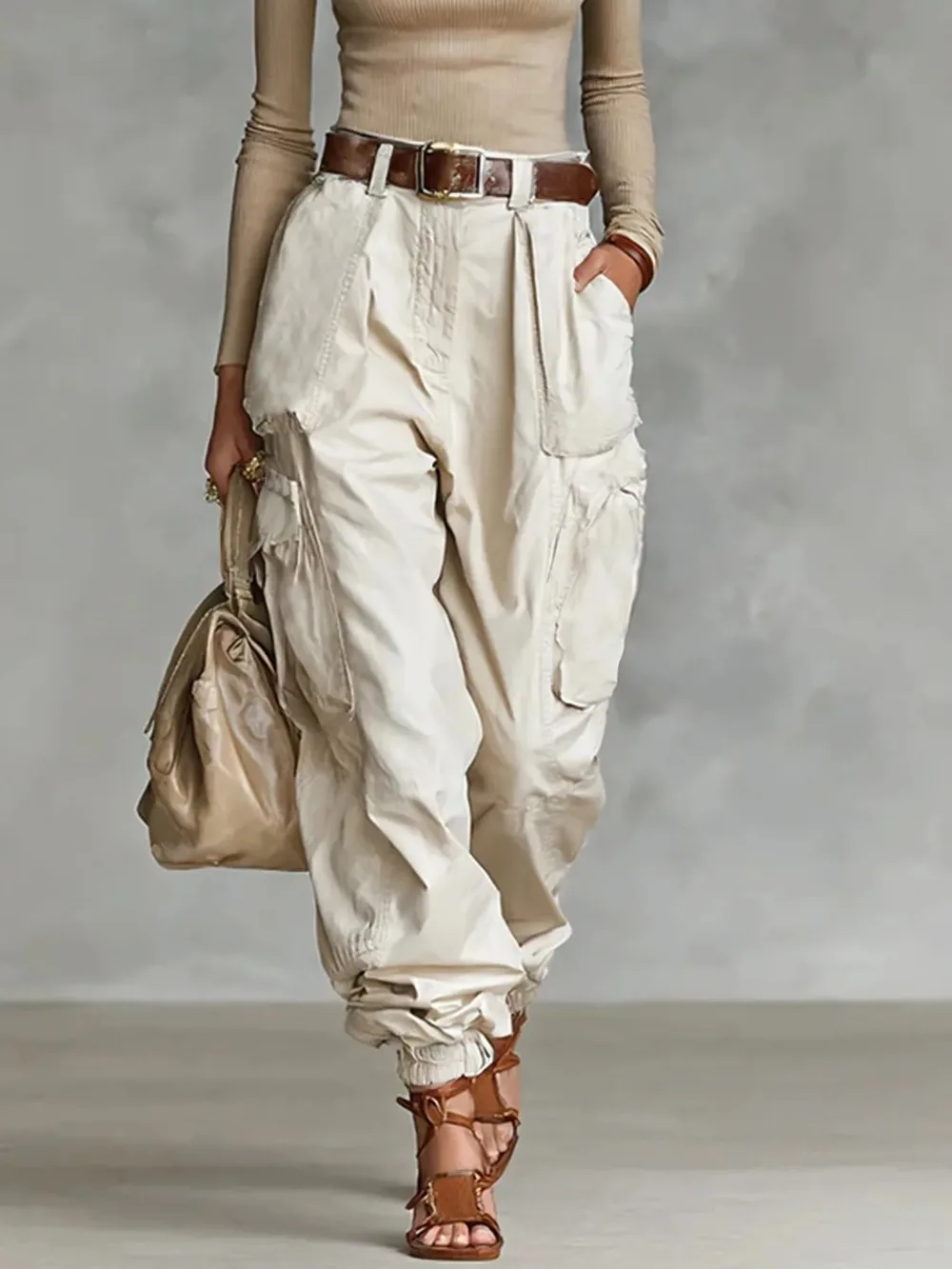Women's Vintage Solid Cargo Pants Loose Multi Pockets High Waist Casual Vacation Sports Daily Wide Leg Trousers For Women
