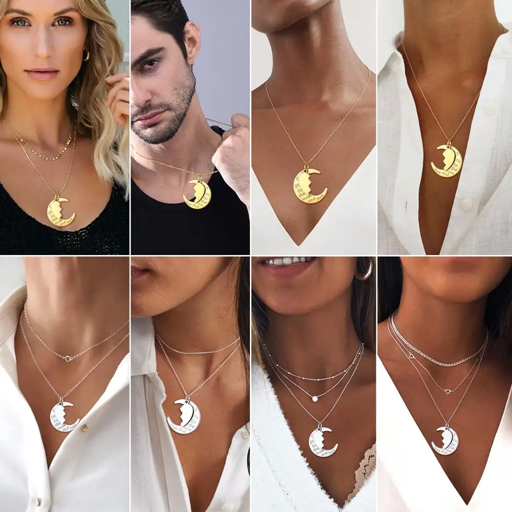 U7 Custom Laser Names Necklace 2pcs/set Stainless Steel Heart Puzzles I Love You To The Moon and Back Wing Romatic  Jewelry