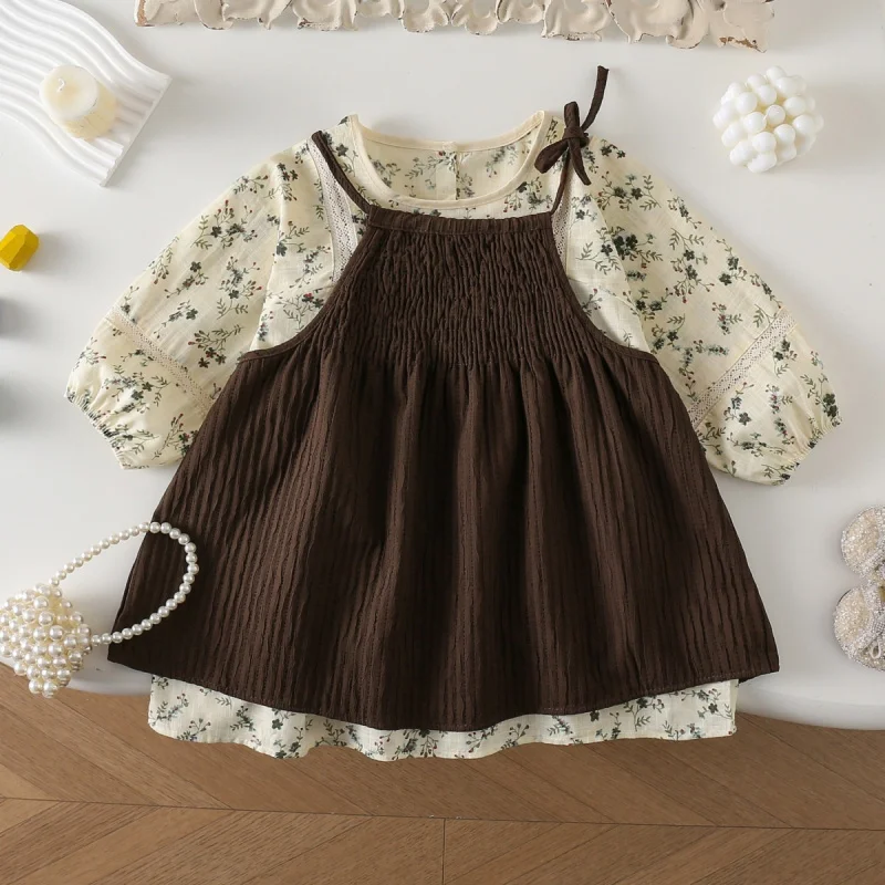 

Children's Two-Piece Set New Autumn Girl Baby Trendy Floral Long Dress with Puff Sleeve Cotton Skirt Set