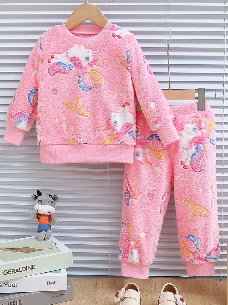 2pcs baby girl autumn and winter night light cartoon pattern long sleeved shirt and pants thickened for warmth