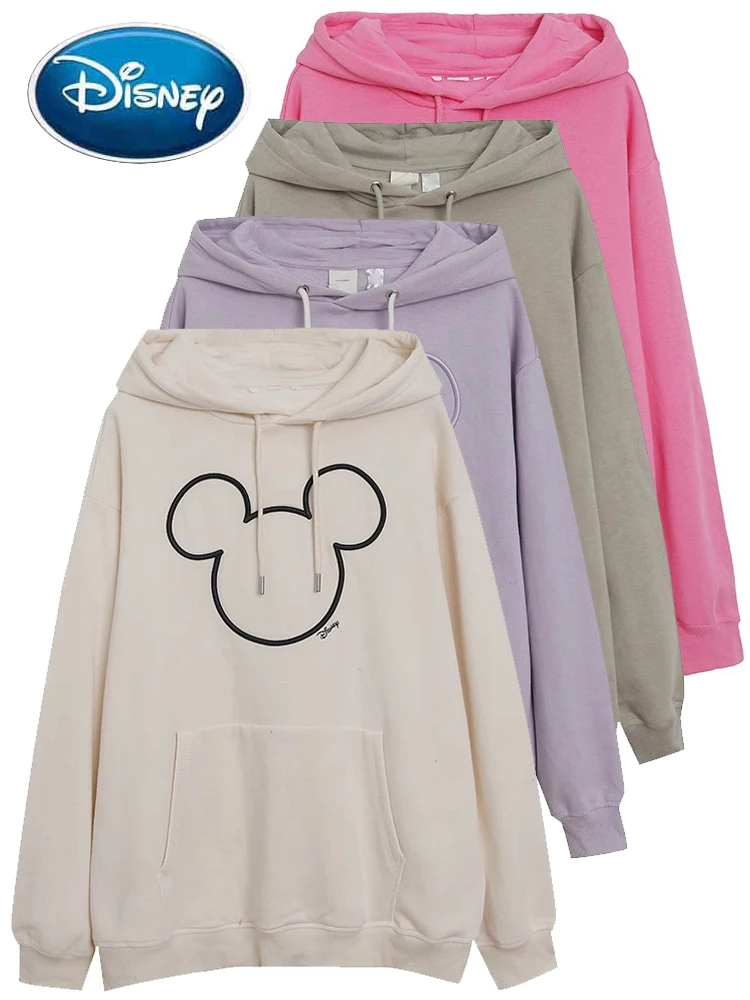 Disney Sweatshirt Mickey Mouse Letter Embroidery Cartoon Print Sweet Women Pockets Hooded Long Sleeve Fleece Jumper Tops 4 Color