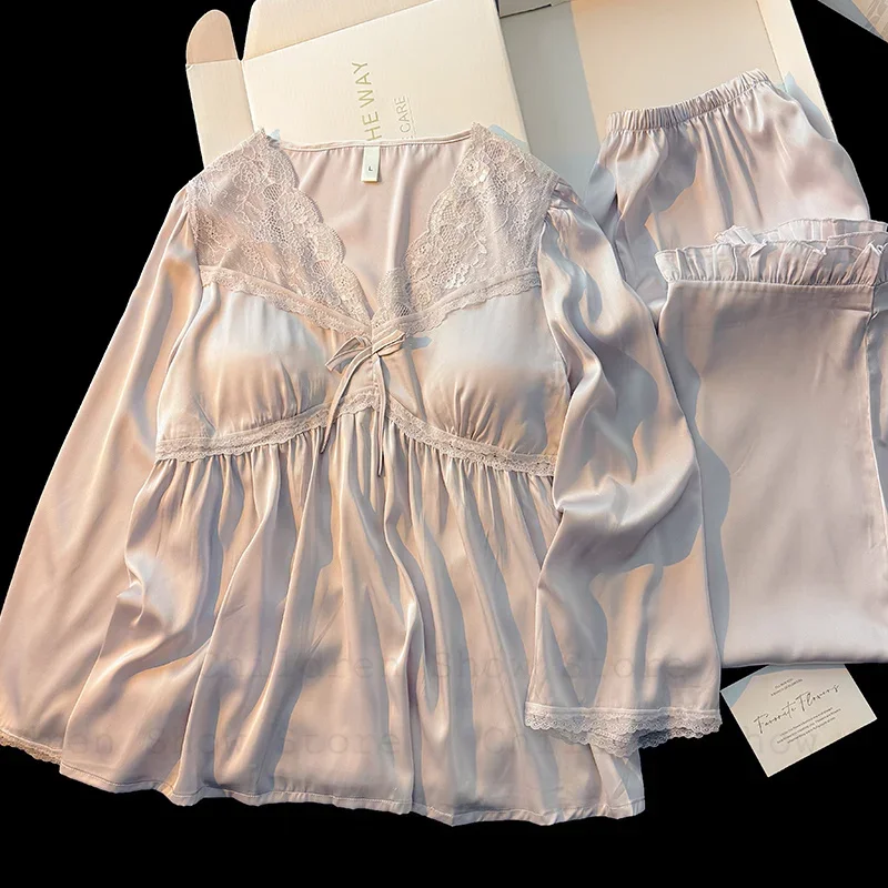 

Palace Style Lace Collar Pajamas Suit Satin Sleepwear Women Elegant Pijama Mujer Loungewear Home Clothes Sexy Nightgown Pjs