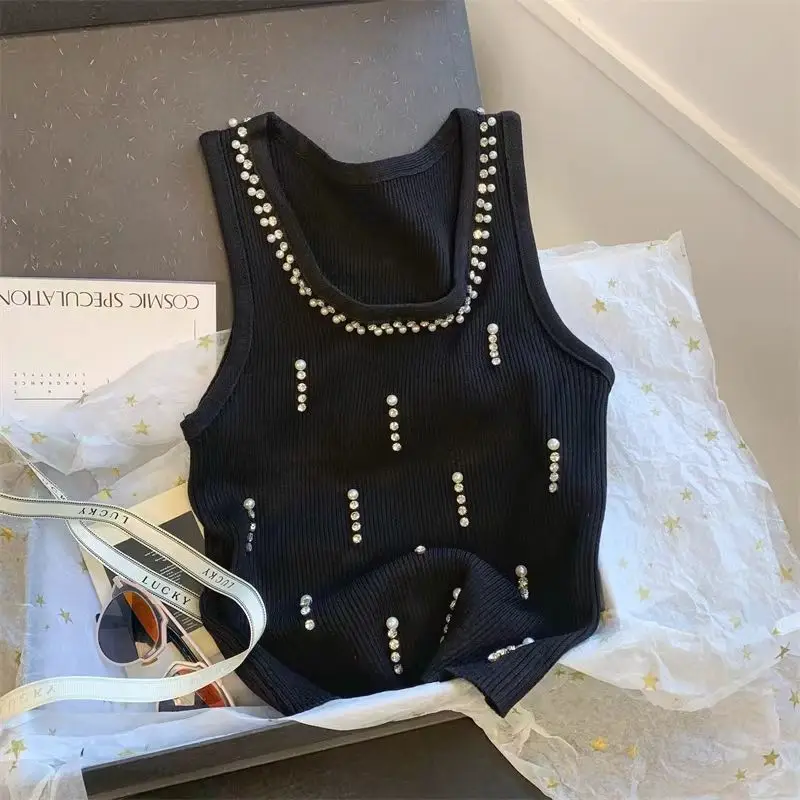 French High-end Luxury Beaded Tank Top New Women Summer Y2k Clothes Sleeveless Short Knit Tops Camis Design Chic Streetwear