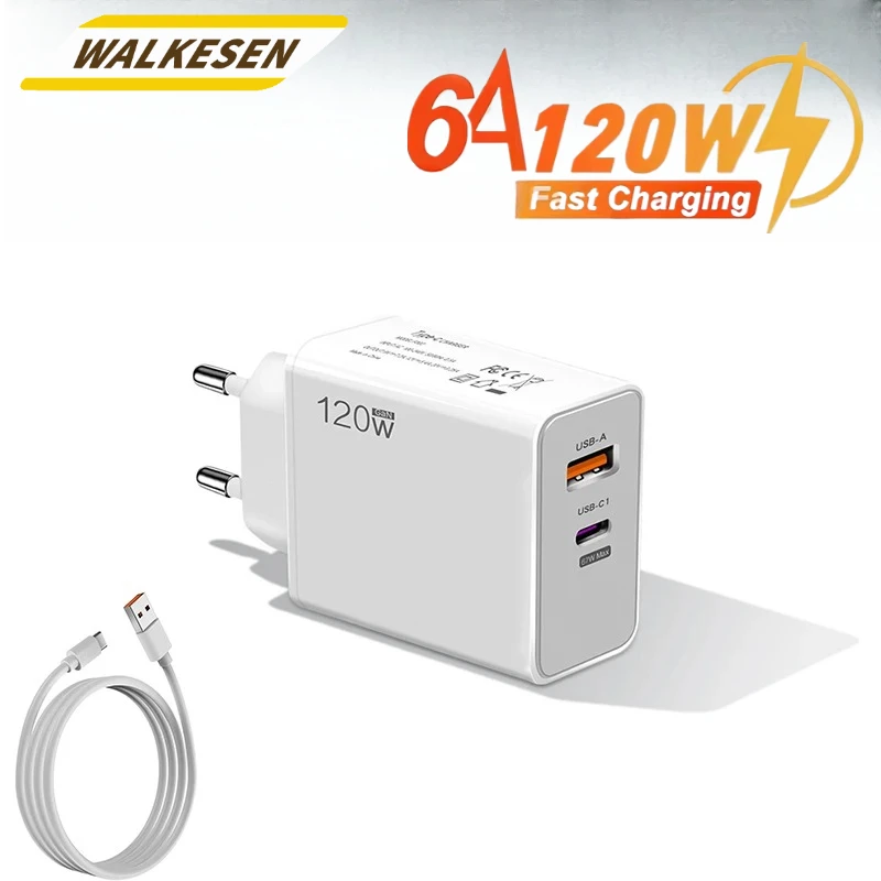 

Total 120W USB Fast Charger Type C Fast Charging Adapter For iPhone 16 15 Samsung Xiaomi Huawei Quick Charger With Type C Cable