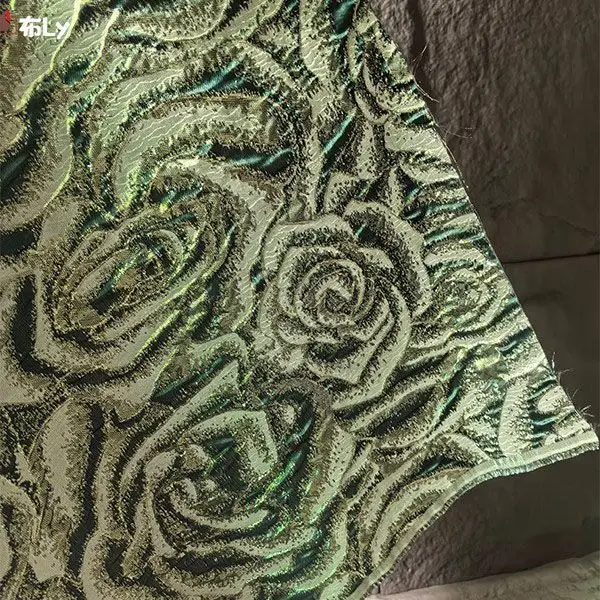 VintageGoldGreen Rose 3D Texture Gold Jacquard Embossed Fabric Oil Painting Style For Hanfu Luxury Designer DIY Apparel Material