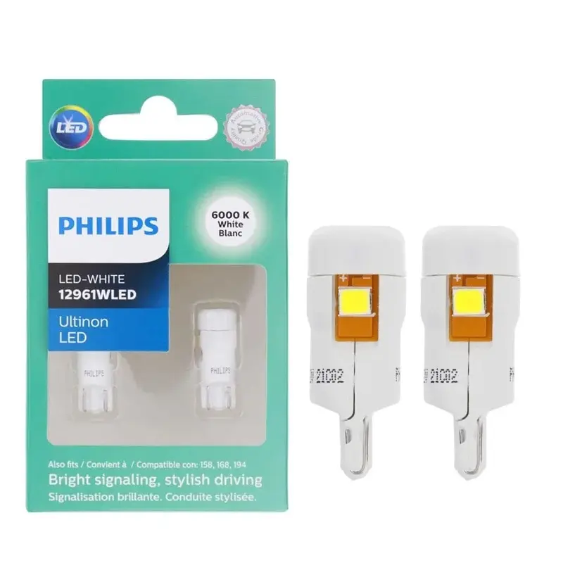 Philips-bombilla LED T10 W5W 194 Ultinon 6000K, luz blanca fría para intermitente de coche, luz Interior para puerta, placa de lectura, 12961ULWX2