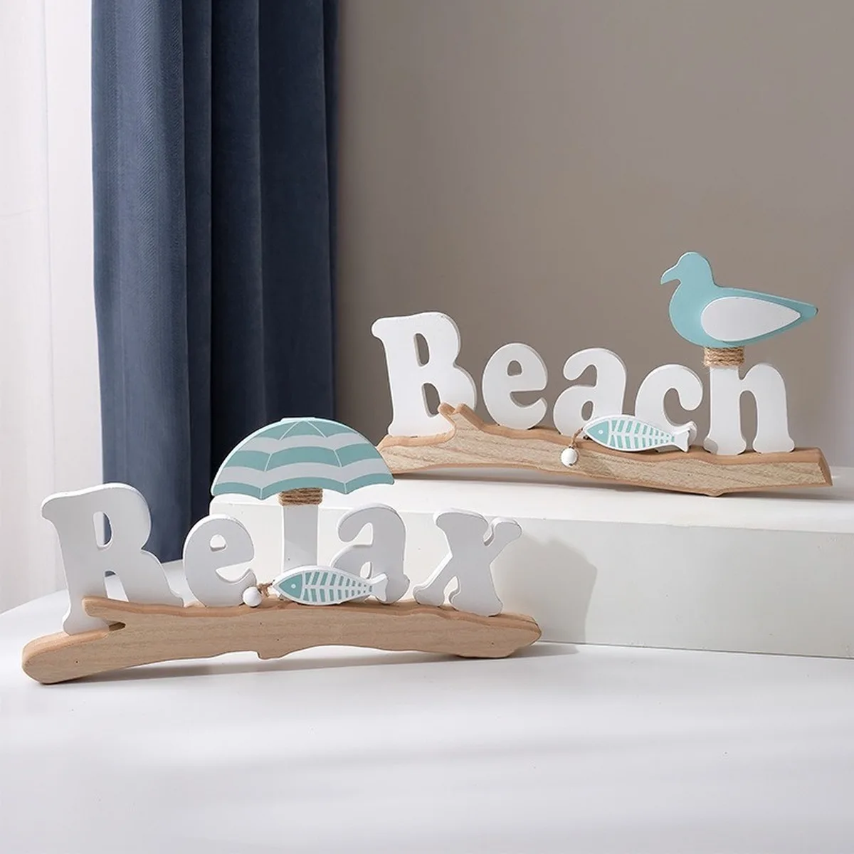 Mediterranean Beach Relax Wooden Letter Signs Coastal Bird Umbrella Driftwood Table Decor