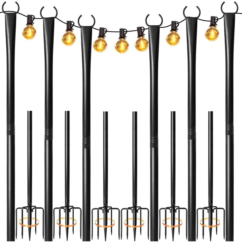 

6 pack string light poles for outside, 10ft heavy-duty metal light poles for outdoor string lights with fork, adjustable lightin
