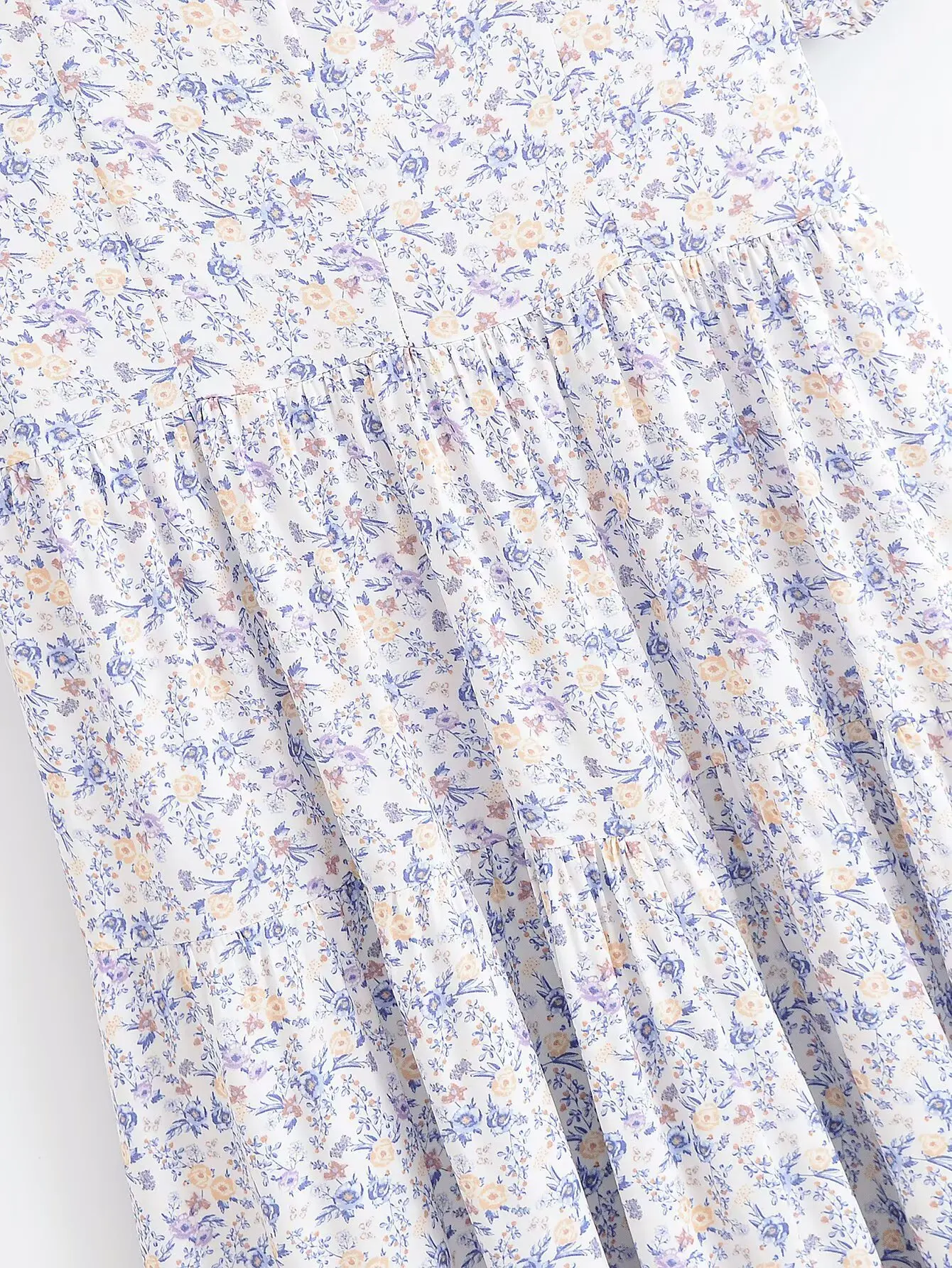 2025 BOHO V neck Floral Print Puff Sleeve Dress Woman High Waist Spliced Ruched Pleated Swing Hem Midi Long Dresses Robe Holiday