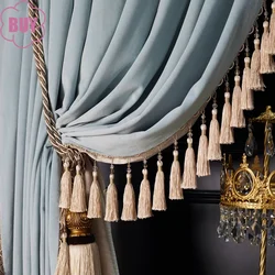 Water Blue Long Tassel Splicing Velvet Thickened Blackout Curtains for Living Room Bedroom French Window Villa Customization 1PC