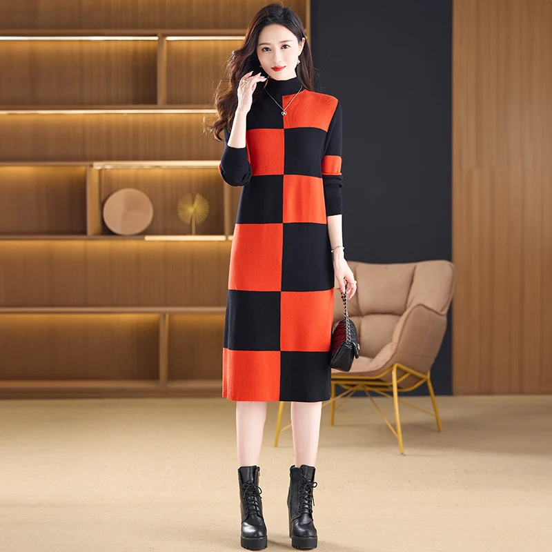 Autumn Winter Women Long Sleeve Loose Fit Knee-Length Sweater Dress Fashion Contrast Color Big Plaid Jacquard Knitted Base Dress