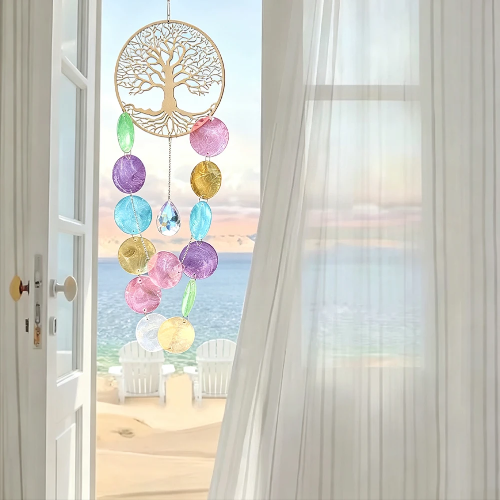 Capiz Shell Waterfall Wind Chimes Wood Tree of Life Mesmerizing Rainbow Crystal Suncatcher Boho Hanging Meditation Window Decor