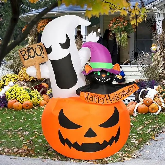 6 Fuß aufblasbare Halloween-Geisterkatze, Kürbis, Außendekoration, LED, aufblasbar, Halloween-Dekoration für Gartenparty