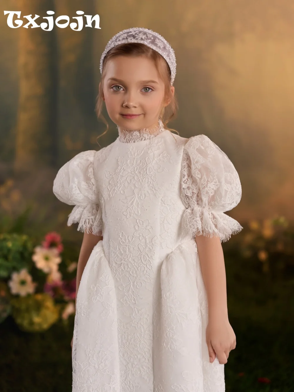 Flower Girls Dresses For Wedding Elegant Charming Lace Princess Gown For Kids Birthday Party High Collar Communion Dress 2-14Y