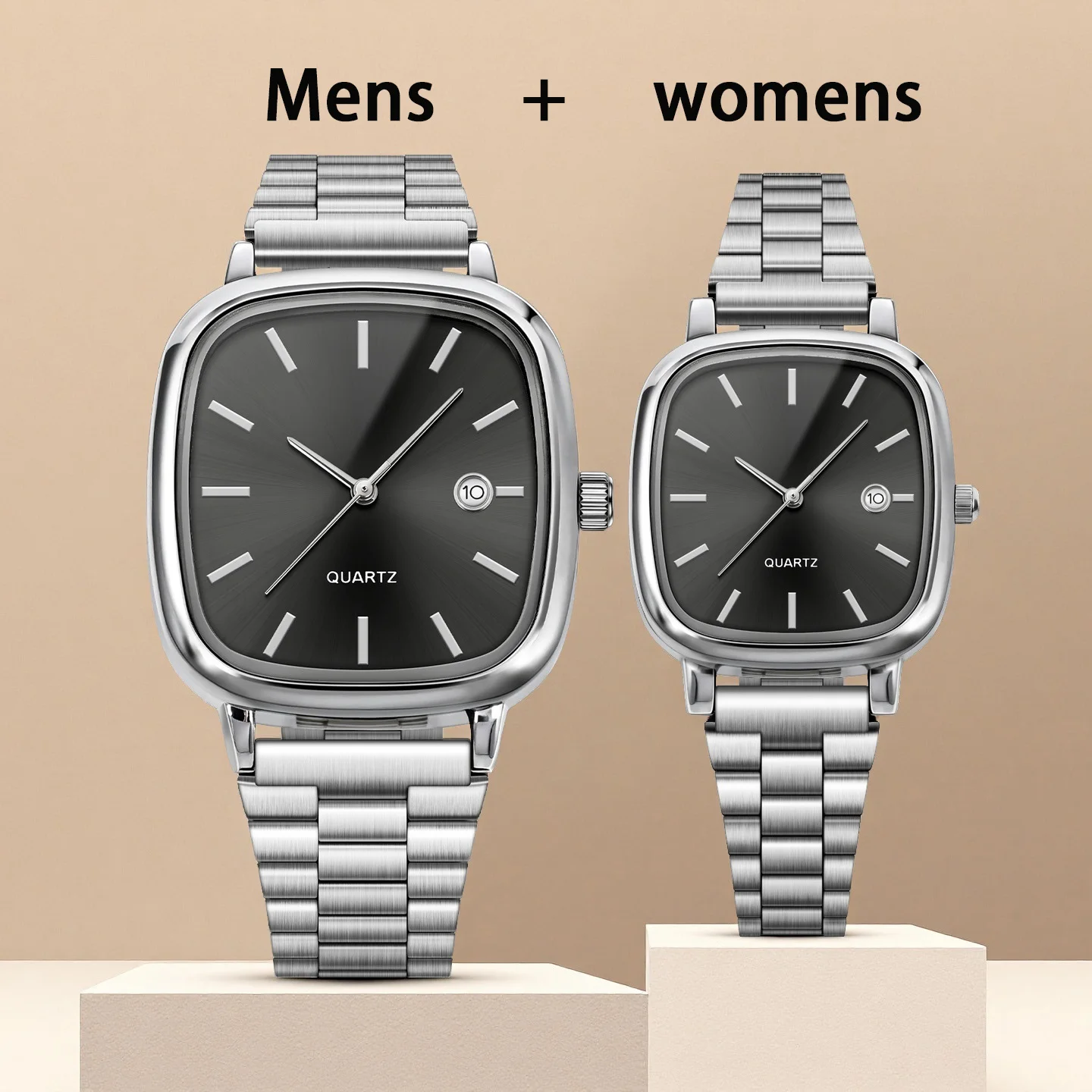Couple Watches for Men and Women; Quartz Watches with Stainless Steel Bands and Calendar; Christmas Gift.