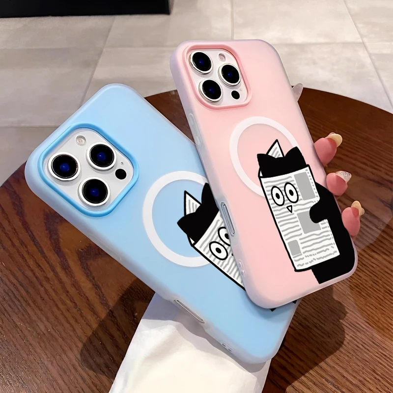 

Creative Cute Black Cat Newspaper Silicone Magsafe Magnetic Phone Case For iPhone 16 Pro Max 15 14 Plus 13 12 Pro 11 Back Cover