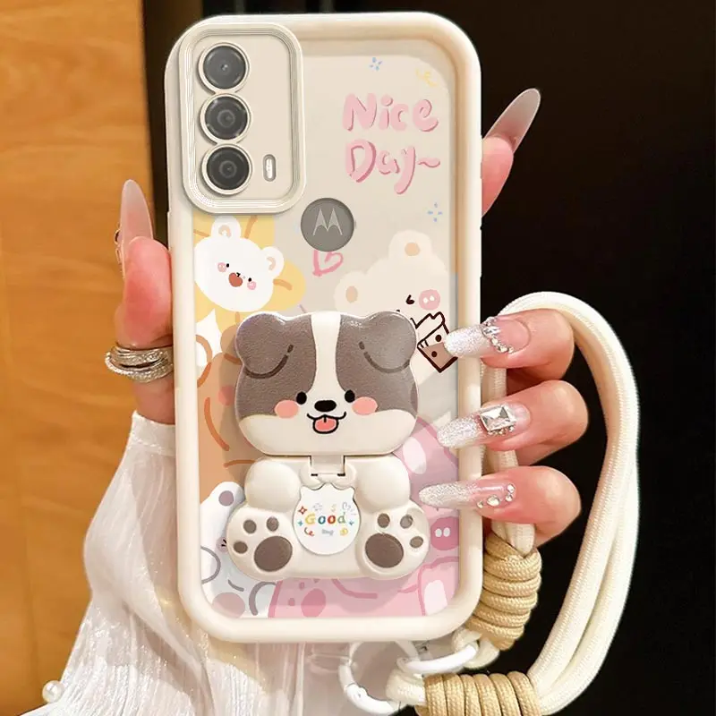 E30 Happy Animal Sky Eye Halterung Lanyard Silikon Handyhülle für Motorola E13 E14 E40 E22i E15 Edge 60 60F 50 60s 50Neo Cover