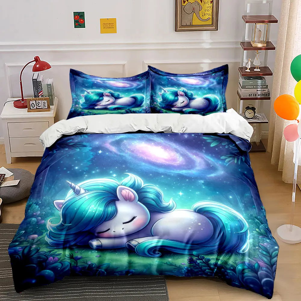 

Sleeping unicorn in dreamy forest Print Bedding Set 1 Duvet Cover 2 Pillowcases for Adult and Children Luxury Gift Full Size
