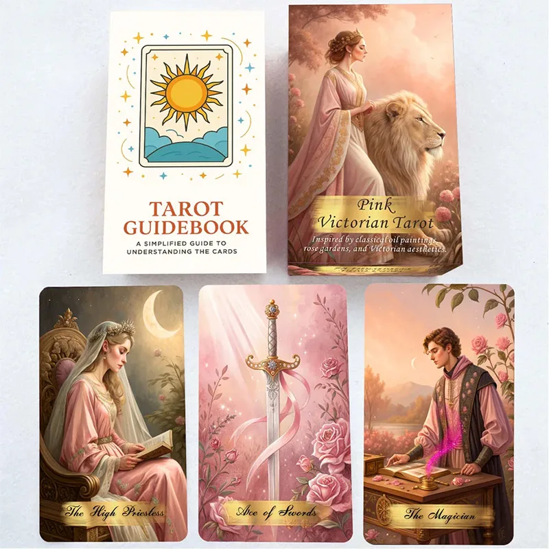Pink Victorian Tarot Cards Set, 78 Pieces, 13x8 Cm, Romantic & Elegant Design, Includes Paper Instructions, Perfect for Beginner