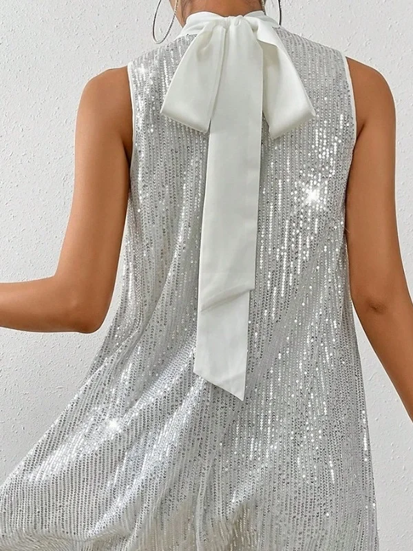 Women's Sexy Beaded Flashing Sleeveless Hooded Dress Fashionable Elegant Spring Summer Autumn Polyester Fiber Maxi Skirt Dress
