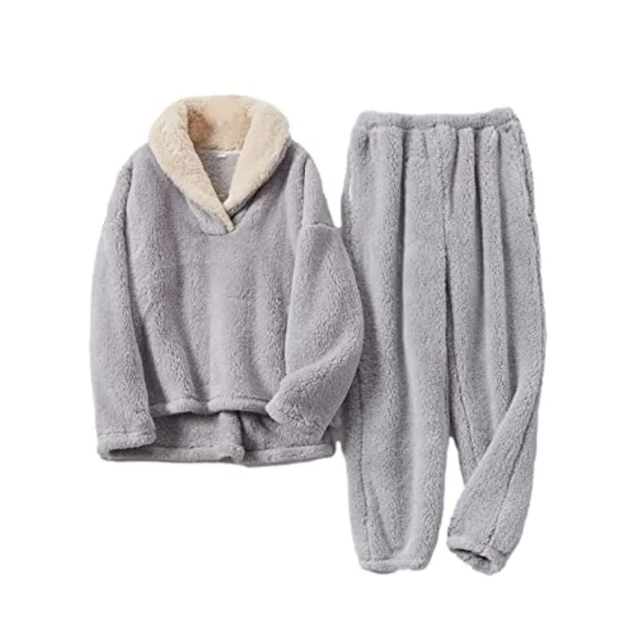 Mens Fluffy Coral Fleece Pajamas Set Pullover Pants Loose Plush Warm Loungewear Sleepwear