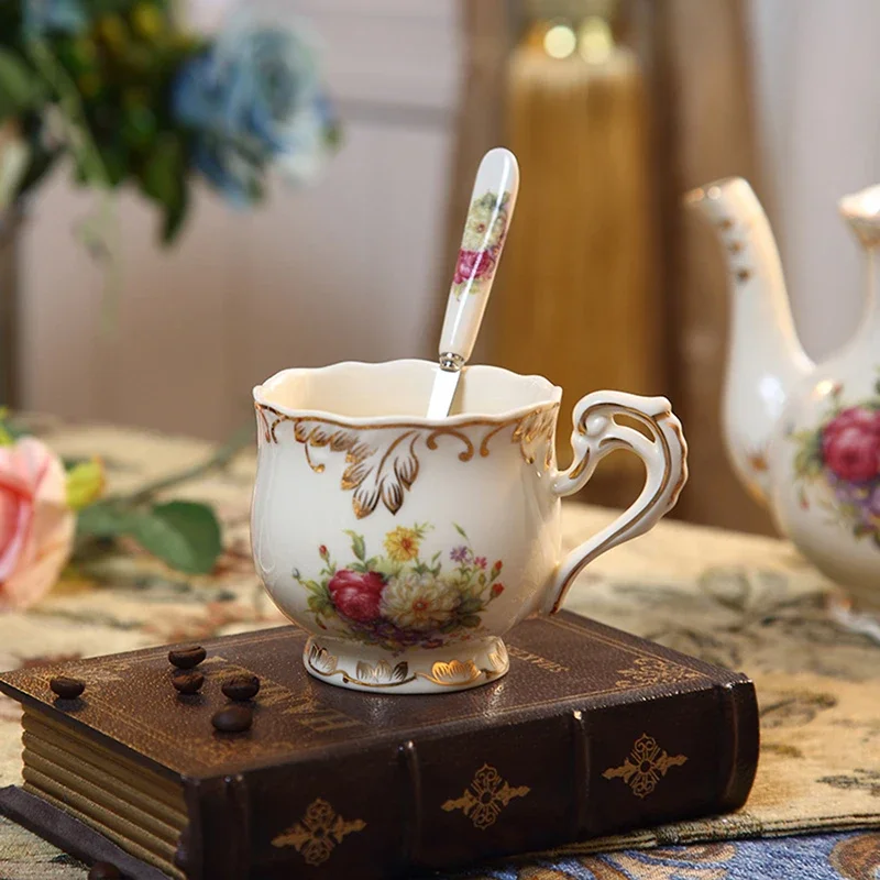 Ivory Porcelain Tea Cups and Saucers, Rose Teacups with Spoon, Coffee Mug, Vintage Floral China Tea Cups 250ml for Tea Party