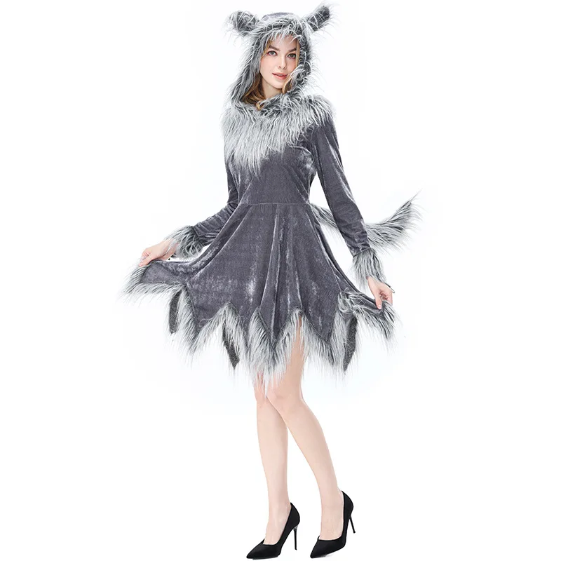 Damen Graues Wolfskleid mit Pelzohren, Kapuze, unregelmäßigem Saum, Kunstfell-Schwanz, Halloween-Tierkostüm, Familien- und Kinderpartykostüm – Detail 5