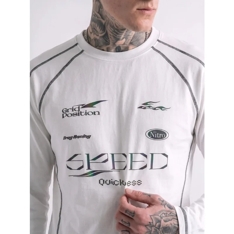 Men's Retro Racing Graphic Long Sleeve Tee - Streetwear Colorblock Print T-Shirt with Anti-Wrinkle Fabric for Autumn Fashion