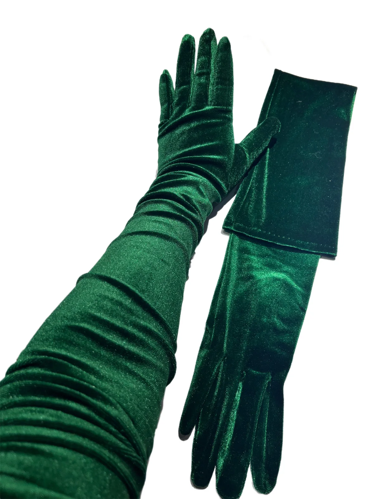 Women's Green Velvet Gloves Super Long 70cm Stretch Soft Wedding Dressing Fashion Christmas Tree Arm Warmers Velvet Green Glove