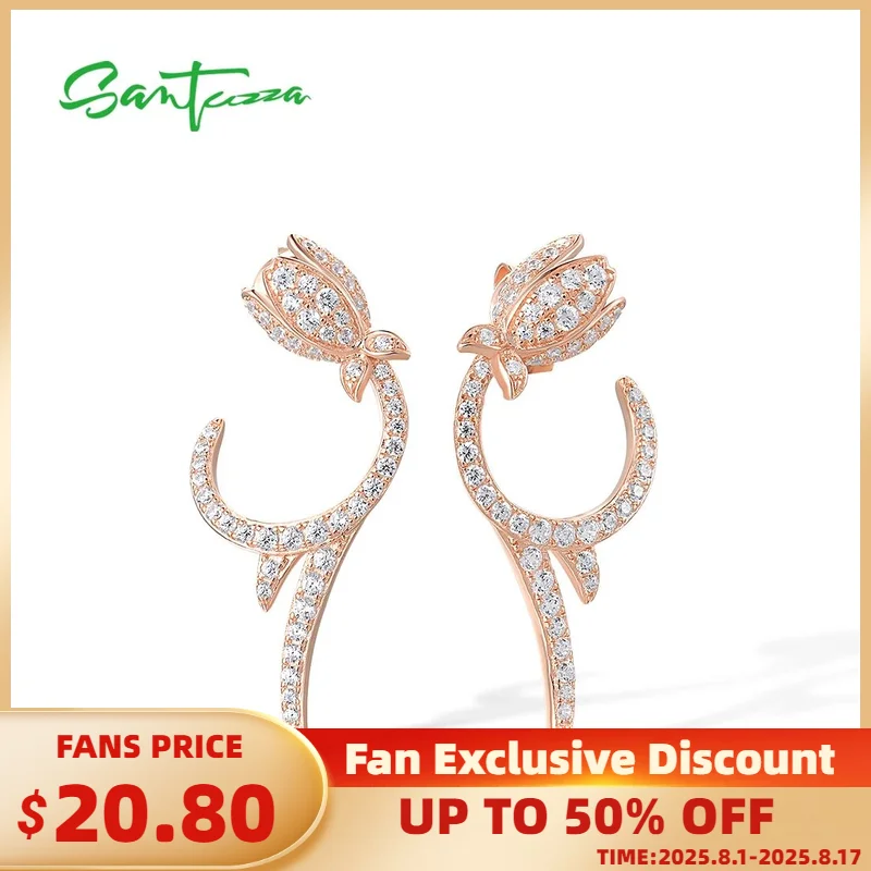 

SANTUZZA Authentic 925 Sterling Silver Earrings For Women Sparkling White CZ Tulip Flower Rose Gold Plated Unique Fine Jewelry