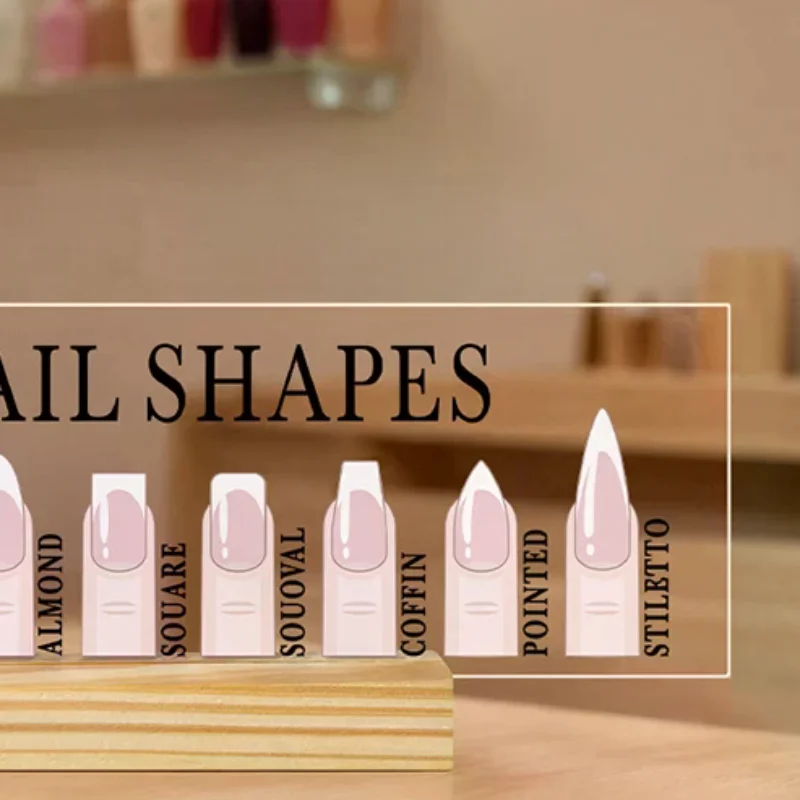 Acrylic Nail Shapes Display Board With Wood Base Mannequin Fingertips And Nail Shape Guide Static Artwork Sign For Salon Decor