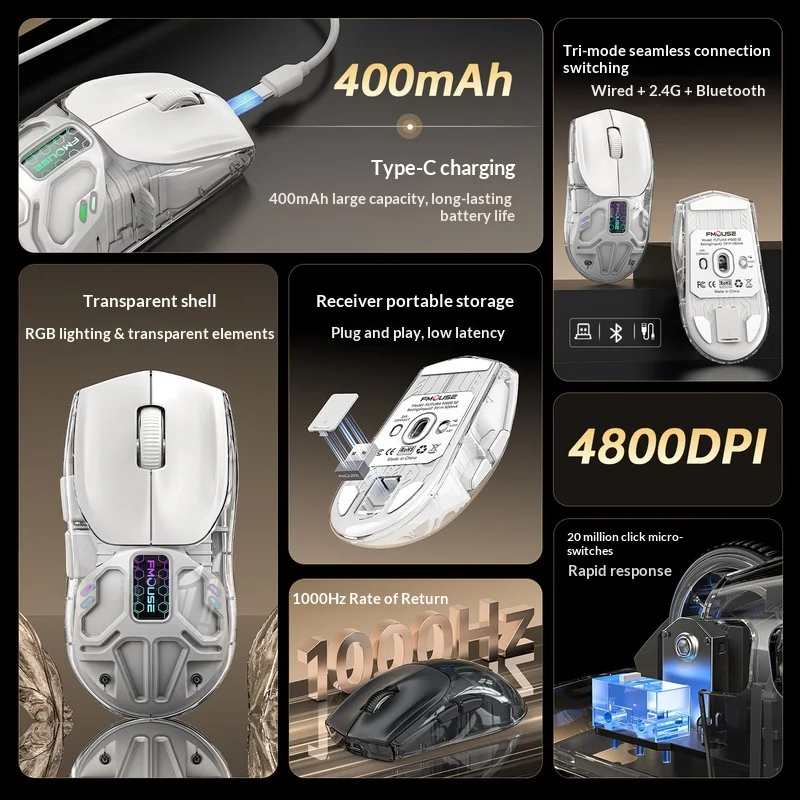Fmouse Trimode Gaming Mouse Transparent Shell Rgb Lighting 4800 Dpi 400mah Wired 2.4g Bluetooth Onboard Macro For Desktop Laptop