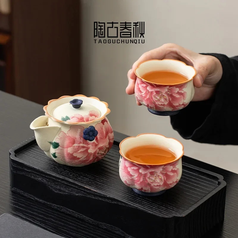 Colorful Designer Gifts Peony Blue and White Rock Hand-caught Teapot, One Pot and Two Cups Kung Fu Tea Set, Retro Teapot Gift