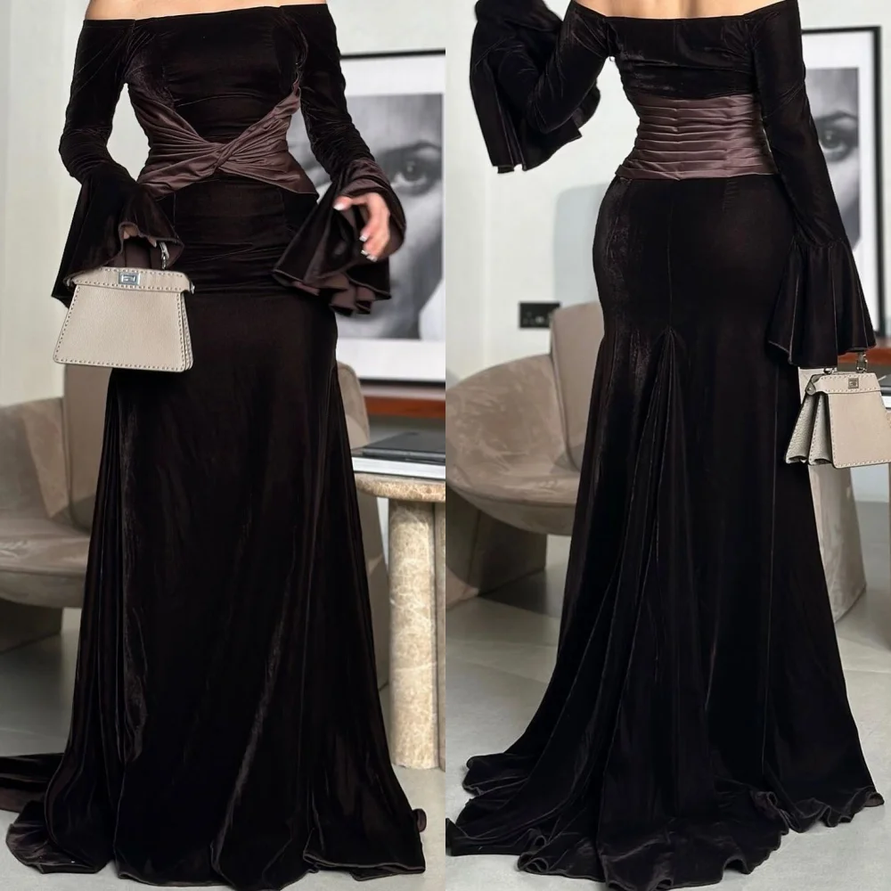 

Customized Velour Pleat A-line Boat Neck Long Dresses Bespoke Occasion Dresses Sizes Available Fashion