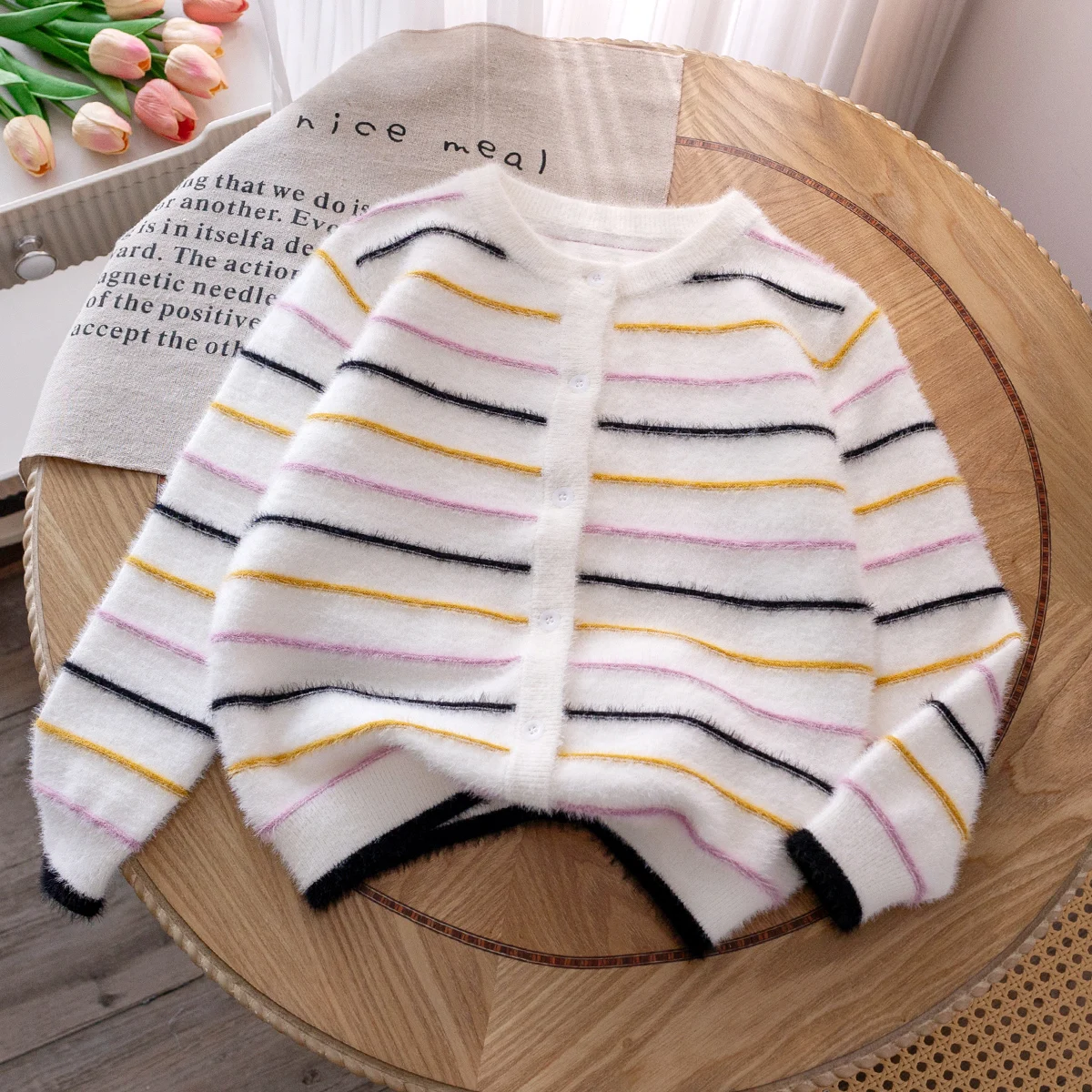 

Girls' simple style colorful striped sweater imitation mink knitted cardigan jacket suitable for daily vacation spring autumn wi