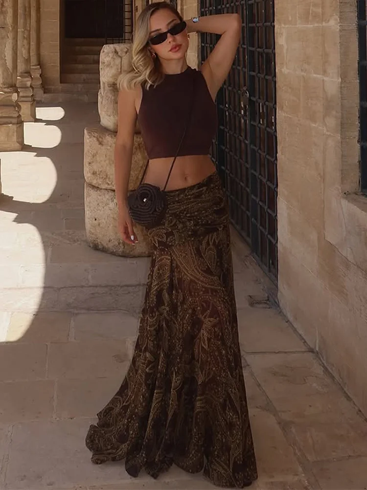 

Fashion Vintage Printing Skirt Women's Middle Waist Ruched Floor-length Skirts 2025 Summer New Lady Casual Holiday Robes