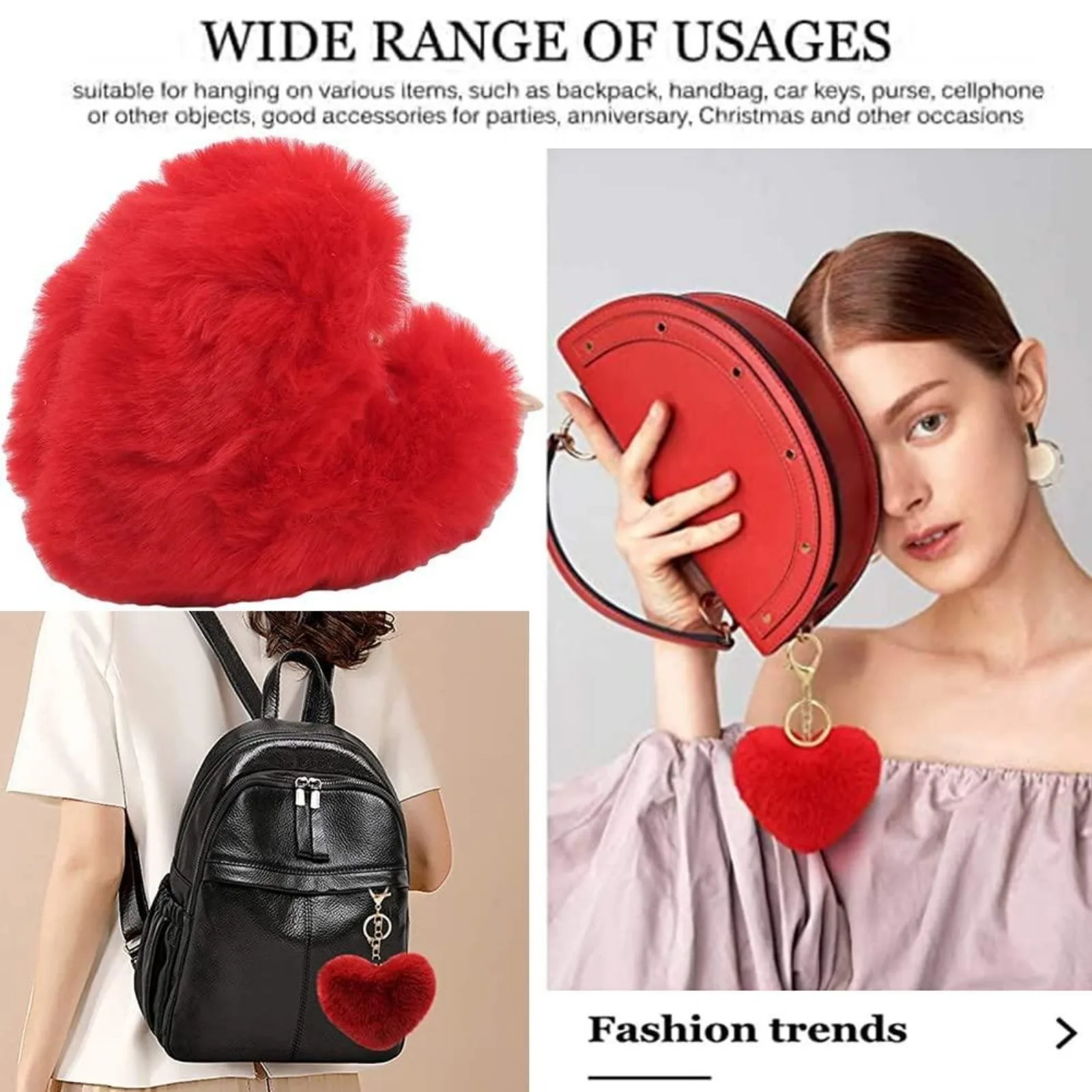 1 Pack Women\'s Heart KeyChain Artificial Fur Ball Red Or White Or Pink Heart Plush Key Ring Backpack Pendant Charm Girl