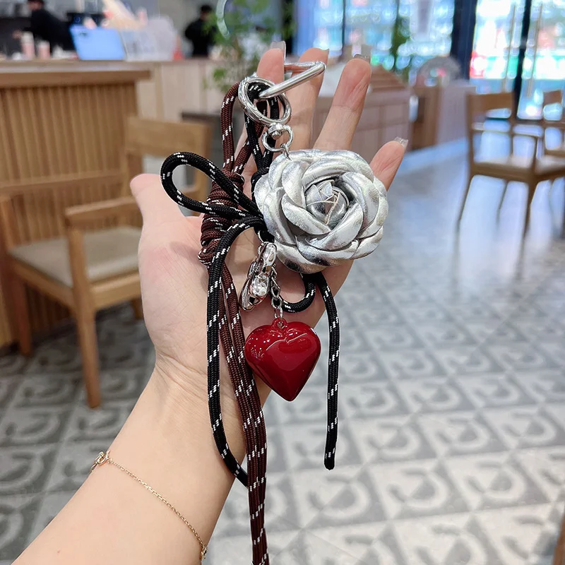 Handmade Camellia Flowers Personalized Heart Keychain Creative Simple Diy Rope Pendant Tassels Trendy Accessory Gifts