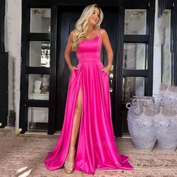 Msikoods Fuchsia Evening Dresses Women Spaghetti Straps Backless High Slide Sit Occasional Dress For Women Party Gowns